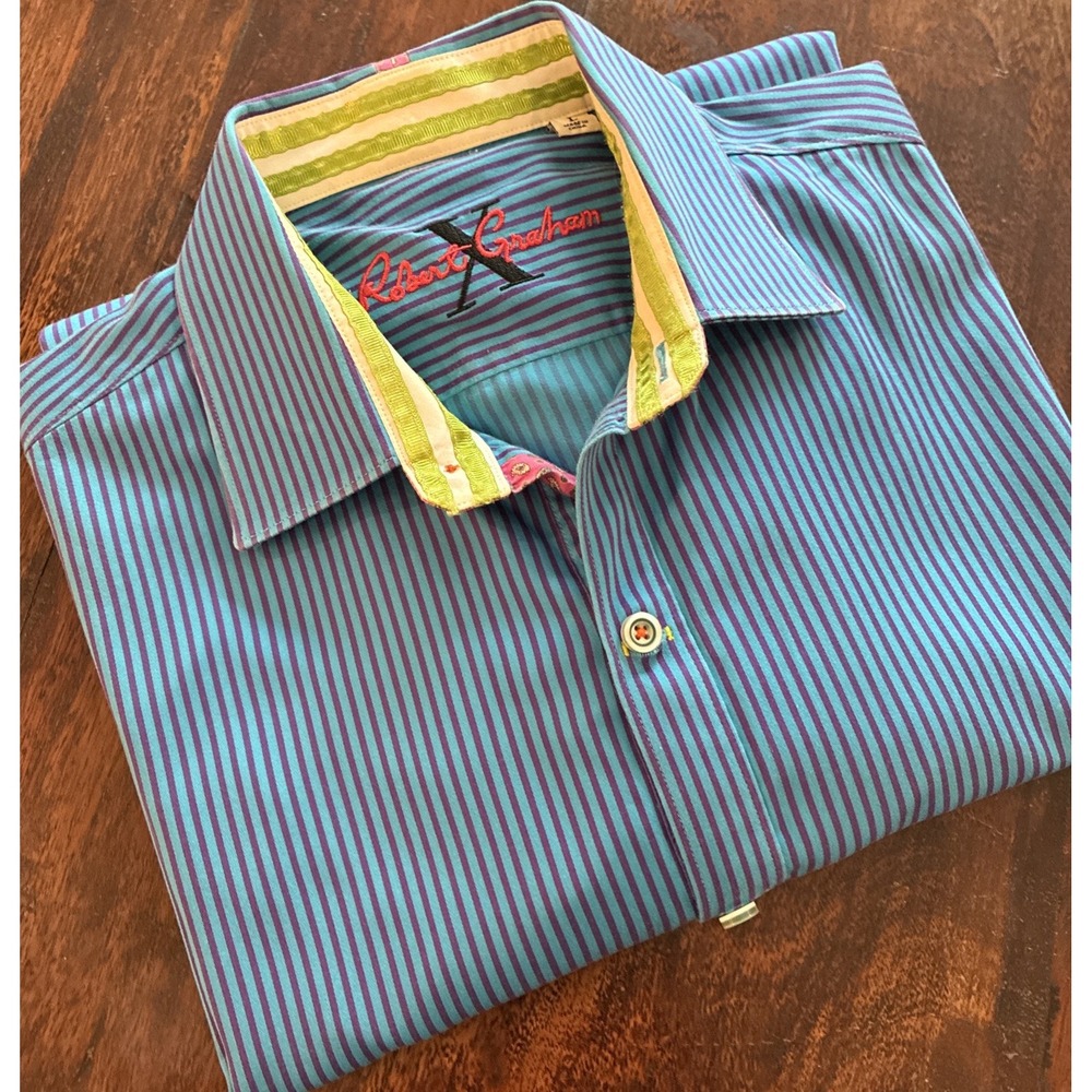 ROBERT GRAHAM X~Mens L Embroidered Blue Purple Striped Button Up Shirt.